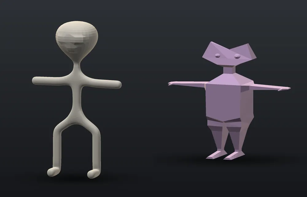 Two early character models, a smooth stickman and a blocky purple character