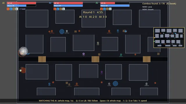 Three AI wizards duel in Old Town, seen in spectator mode