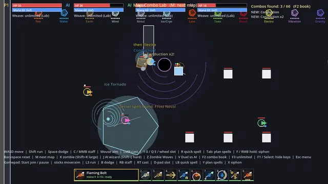 A Then spell turns water into a shock, next to an ice tornado and a black hole