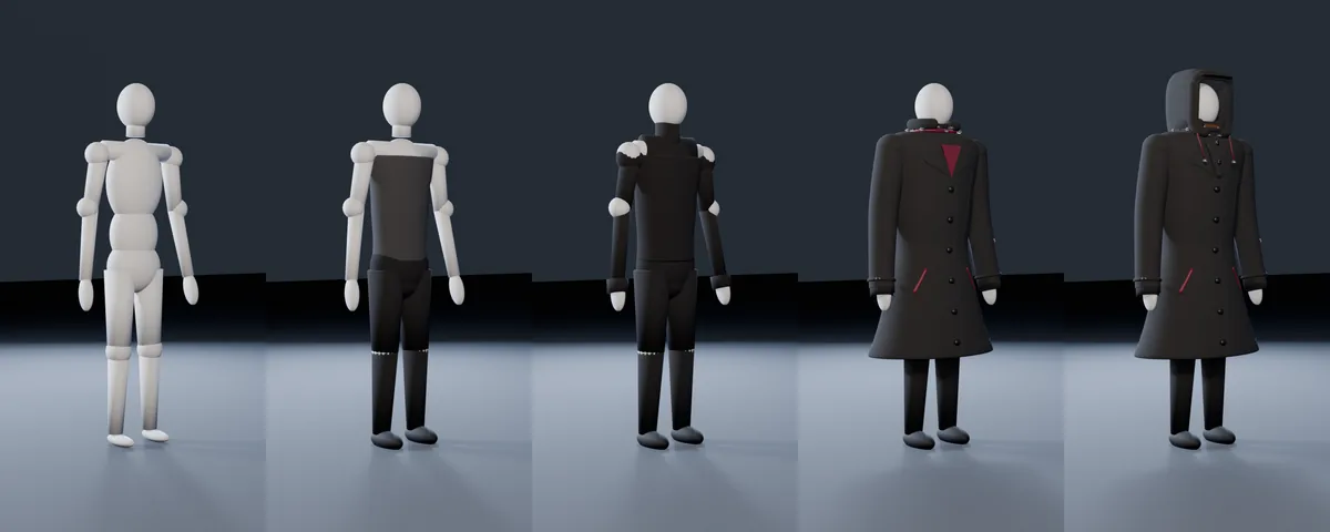Standard Guy built up in five steps: bare mannequin, base clothes, sweater, coat, then the full hood kit