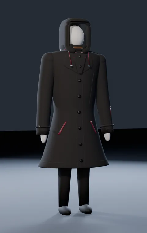 Standard Guy standing in his long coat, front view