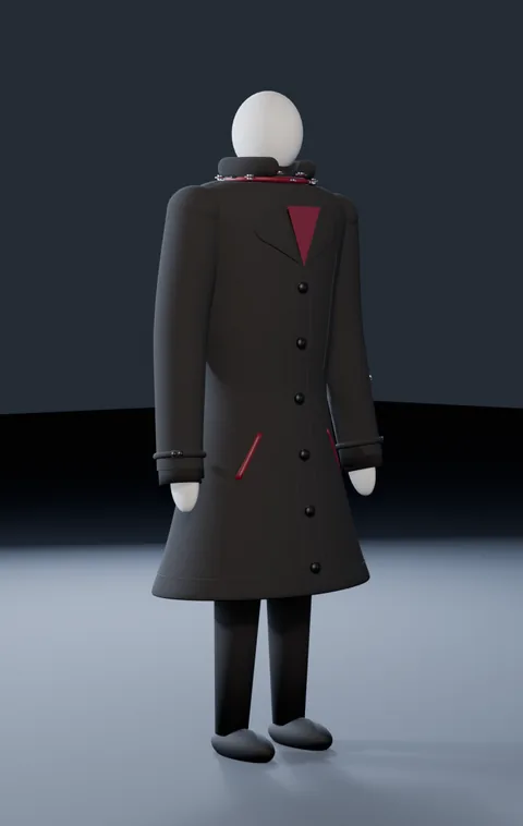 Standard Guy in his long coat, three quarter view