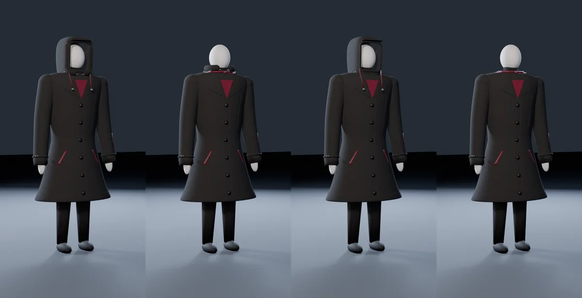 Standard Guy in four coat modes: hood and fur, collar, hood only and shell only
