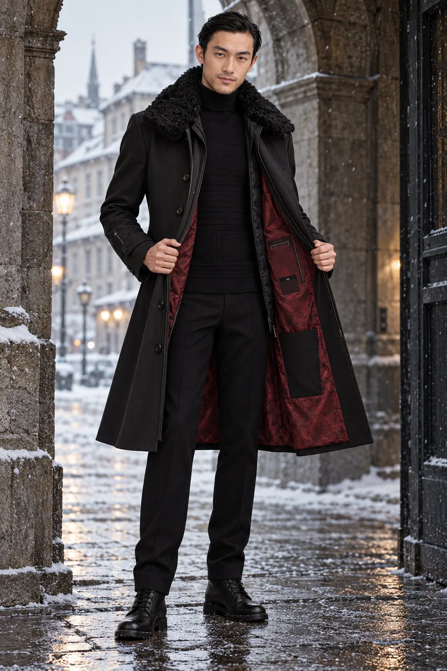 AI generated reference image of the shearling collar and burgundy lining