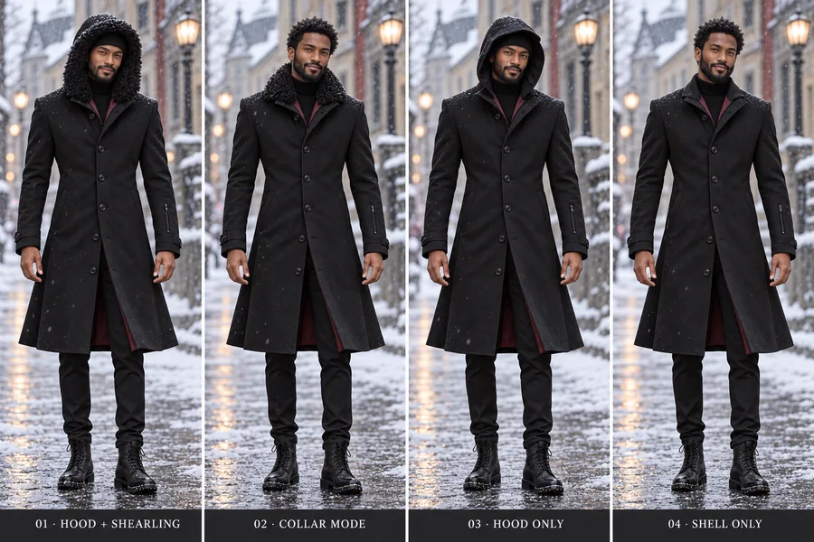 AI generated reference image of a convertible shearling coat from four views