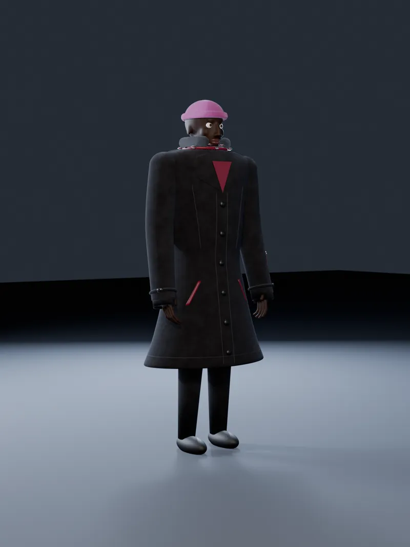 Female Standard Guy with a pink beanie and the long coat