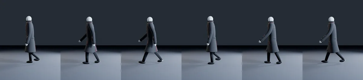 Six frames of the walk cycle from the side